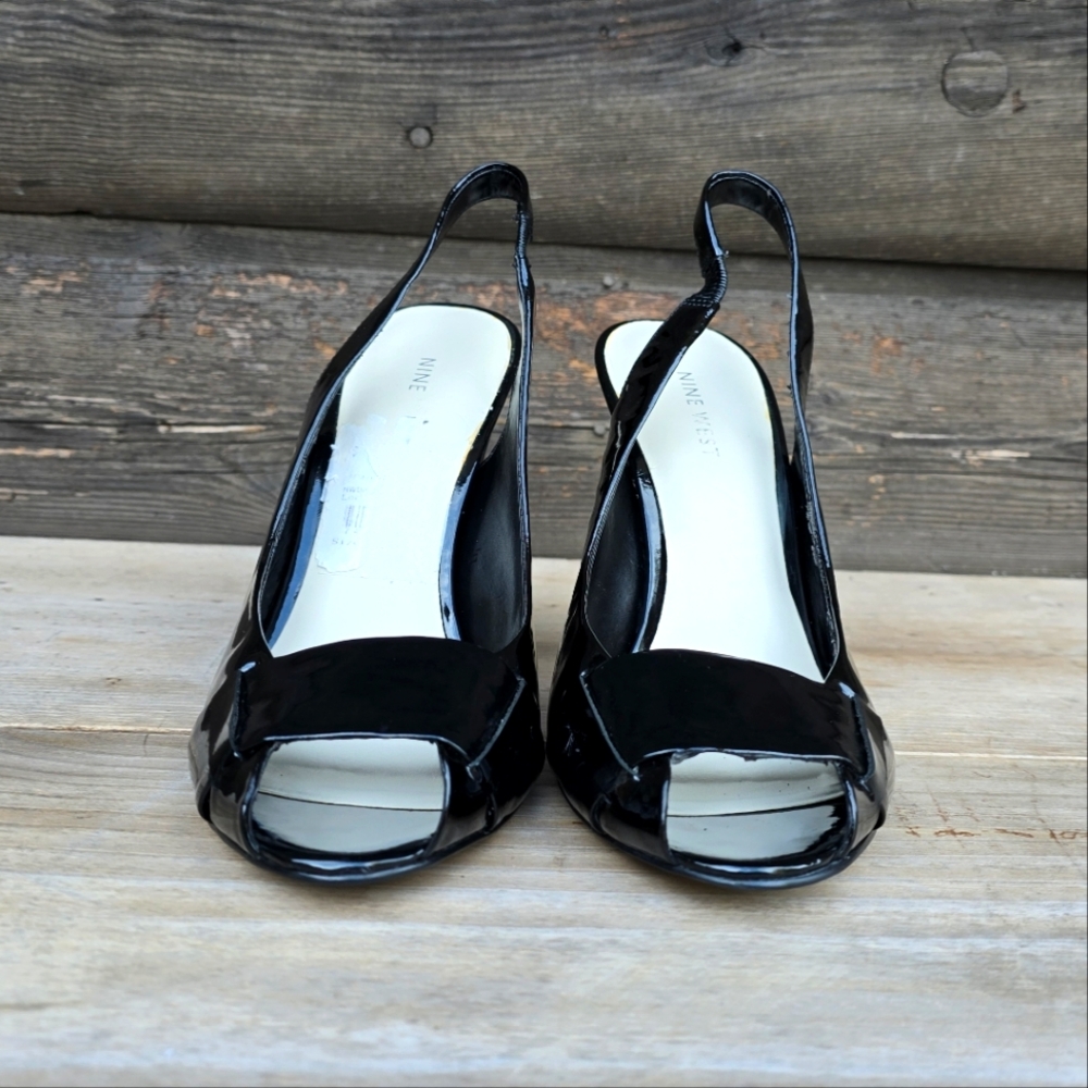 Nine West Patent Leather Black Open-Toe Slingback Heels - Picture 9 of 16